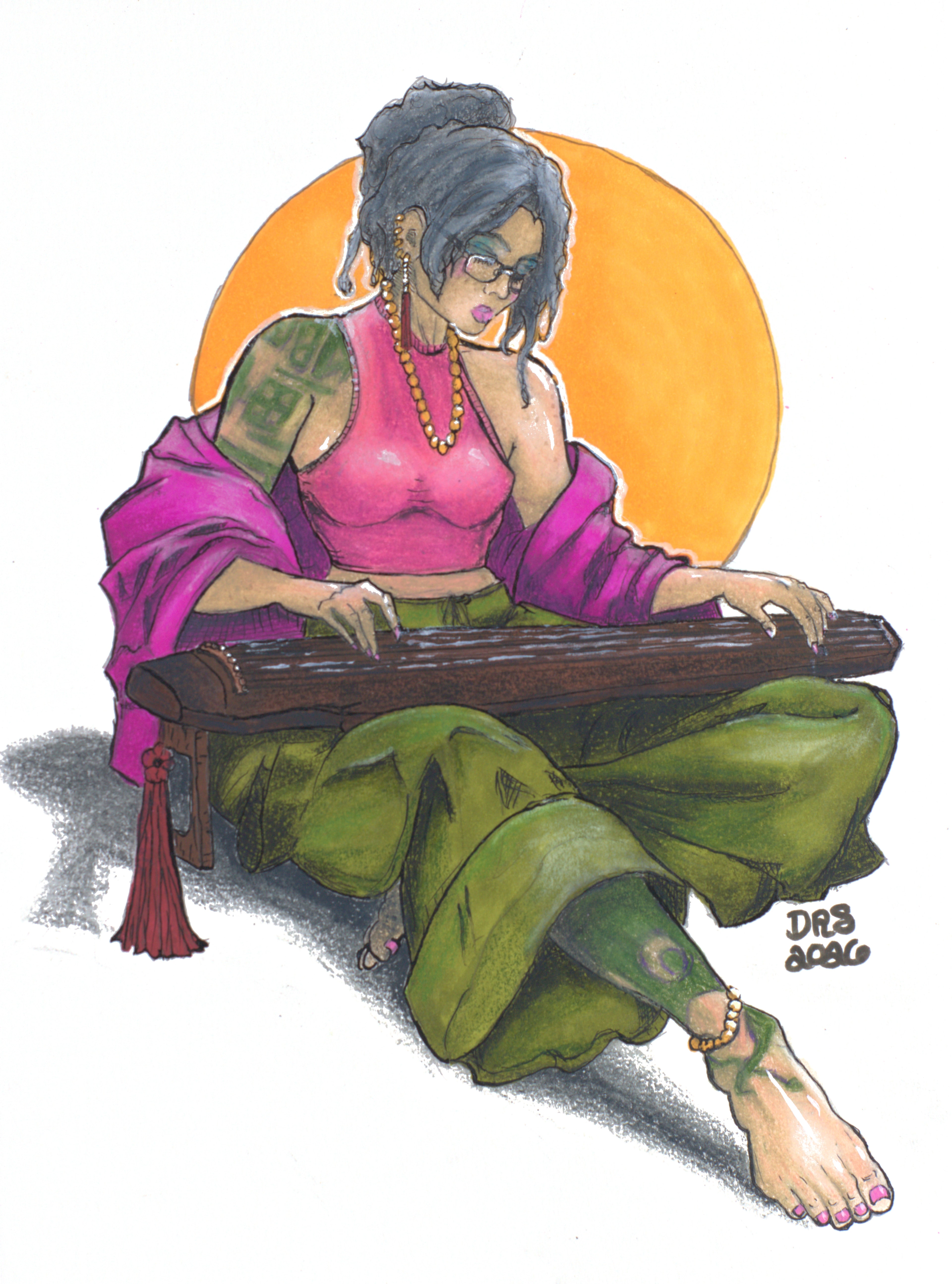 A seated figure with gray hair in a bun and glasses plays a guqin, wearing a pink top, a magenta robe, and green trousers, against an orange disc.