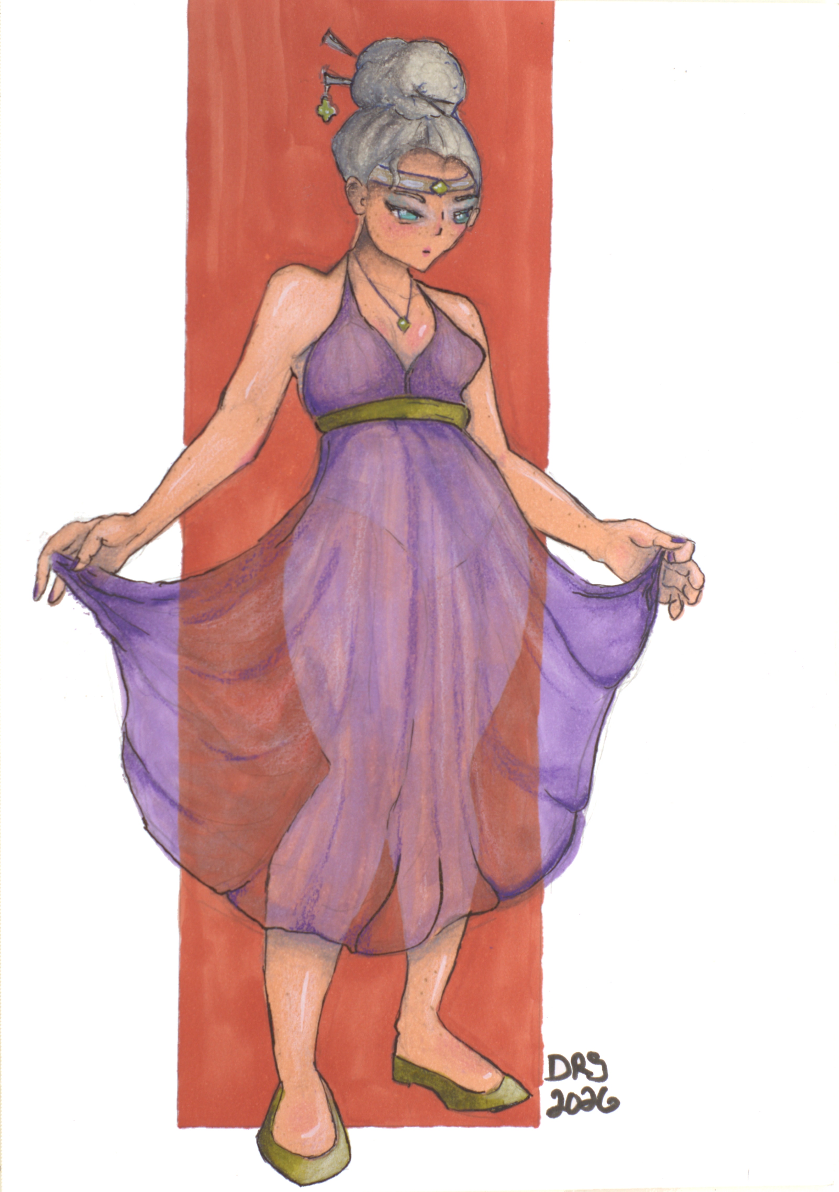 A figure with gray hair in a bun and a forehead jewel holds out a sheer purple dress, standing in front of a red panel in green shoes.