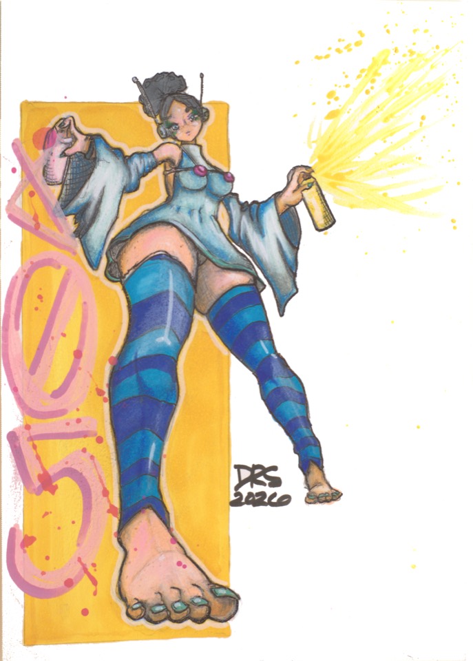 A figure with antennae and headphones wears a pale blue tunic and blue-striped thigh-high socks, spraying a yellow burst from a can. A yellow panel and pink marks are behind them.