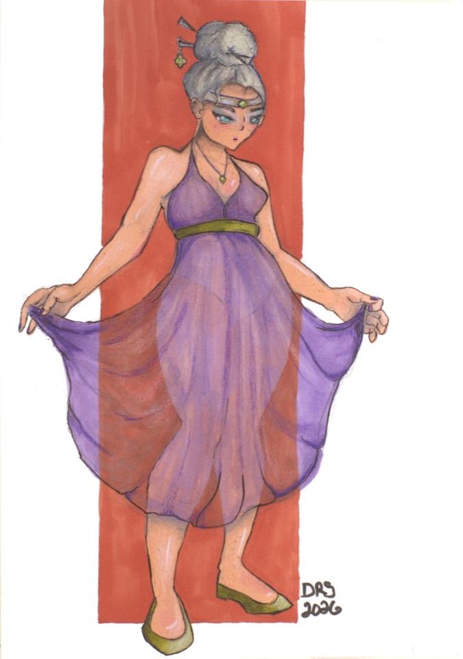 A figure with gray hair in a bun and a forehead jewel holds out a sheer purple dress, standing in front of a red panel in green shoes.